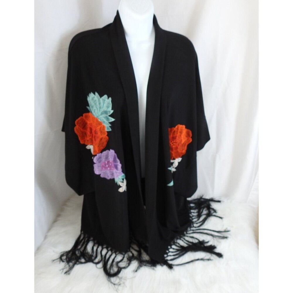 Disney Alice Wonderland Looking Glass Natori Black Floral Fringe Kimono L - Picture 2 of 15